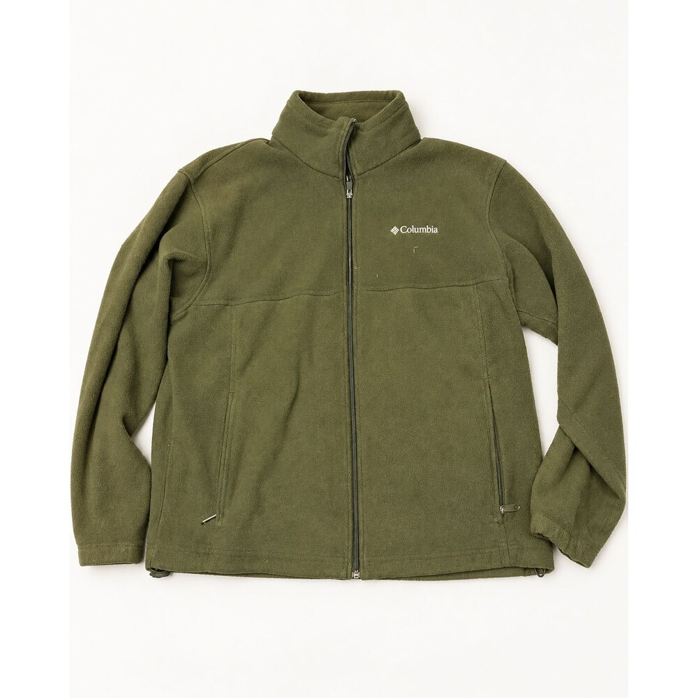 Columbia Full Zip Fleece Jacket L Olive Green Zip Pockets 100% Polyester